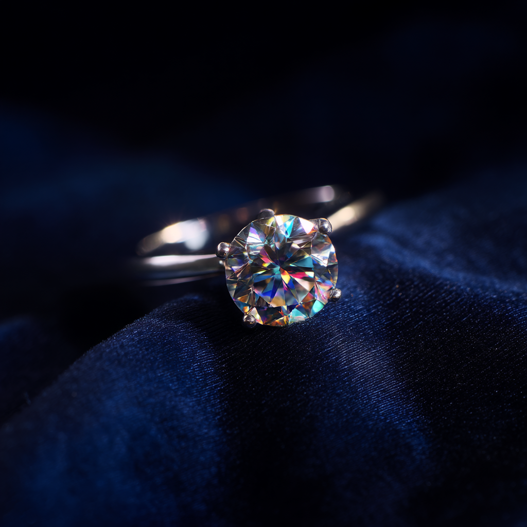 Diamond engagement ring on dark velvet